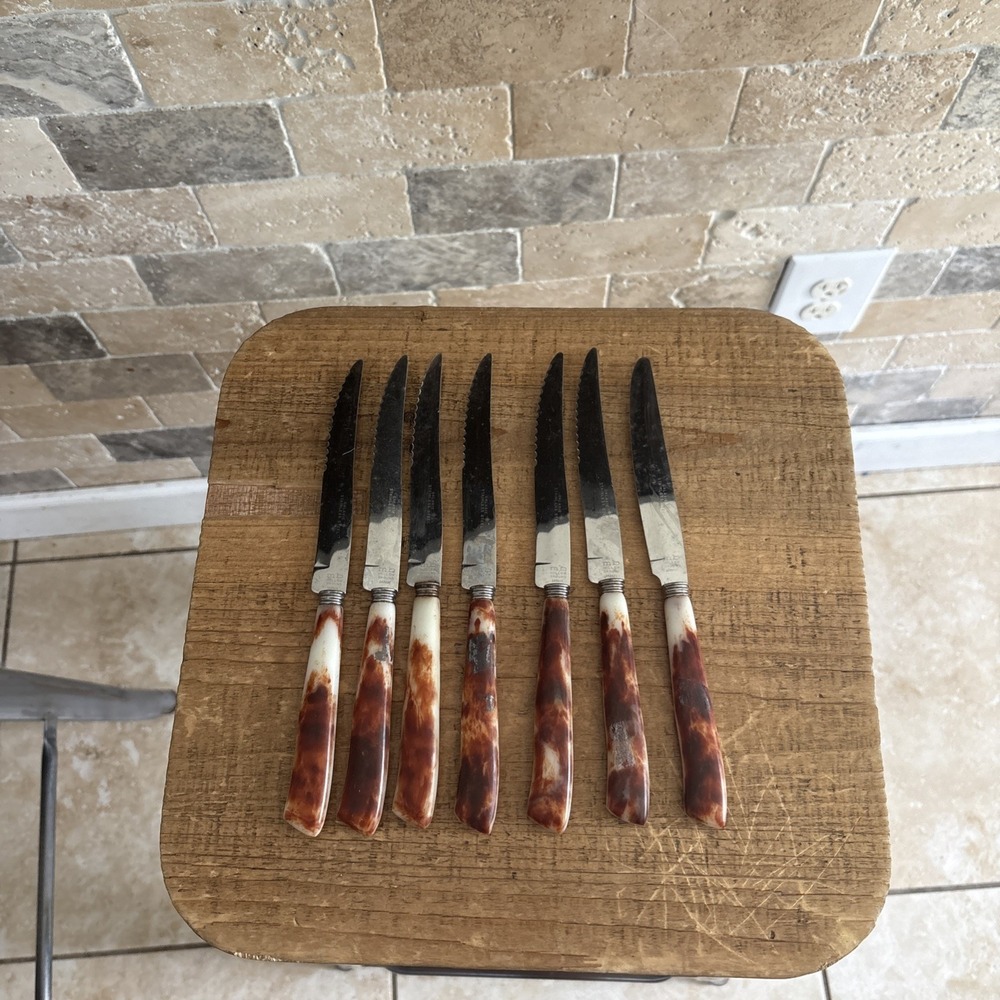Vintage MB Hollow Ground Japan Steak Knives Set of 7 Faux Horn Handles MCM